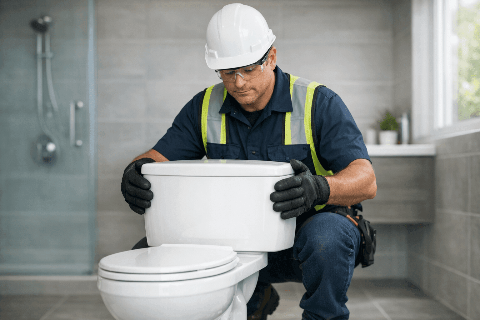 Plumber installing a water-saving toilet in a modern bathroom