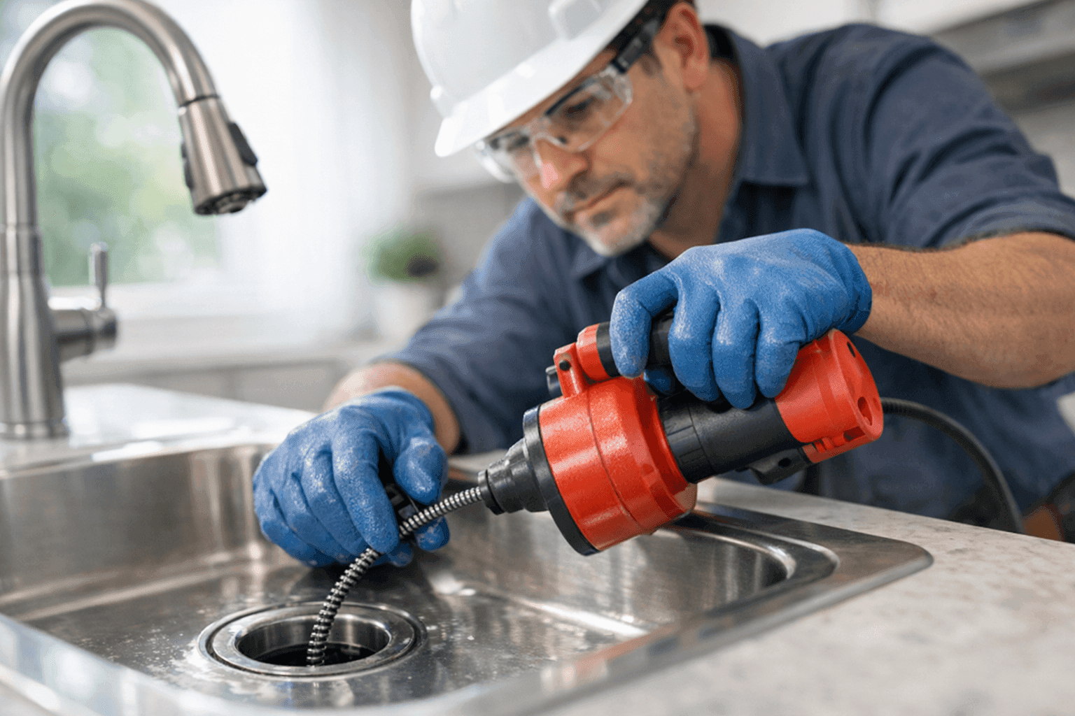 Plumber using professional equipment to clean a kitchen drain
