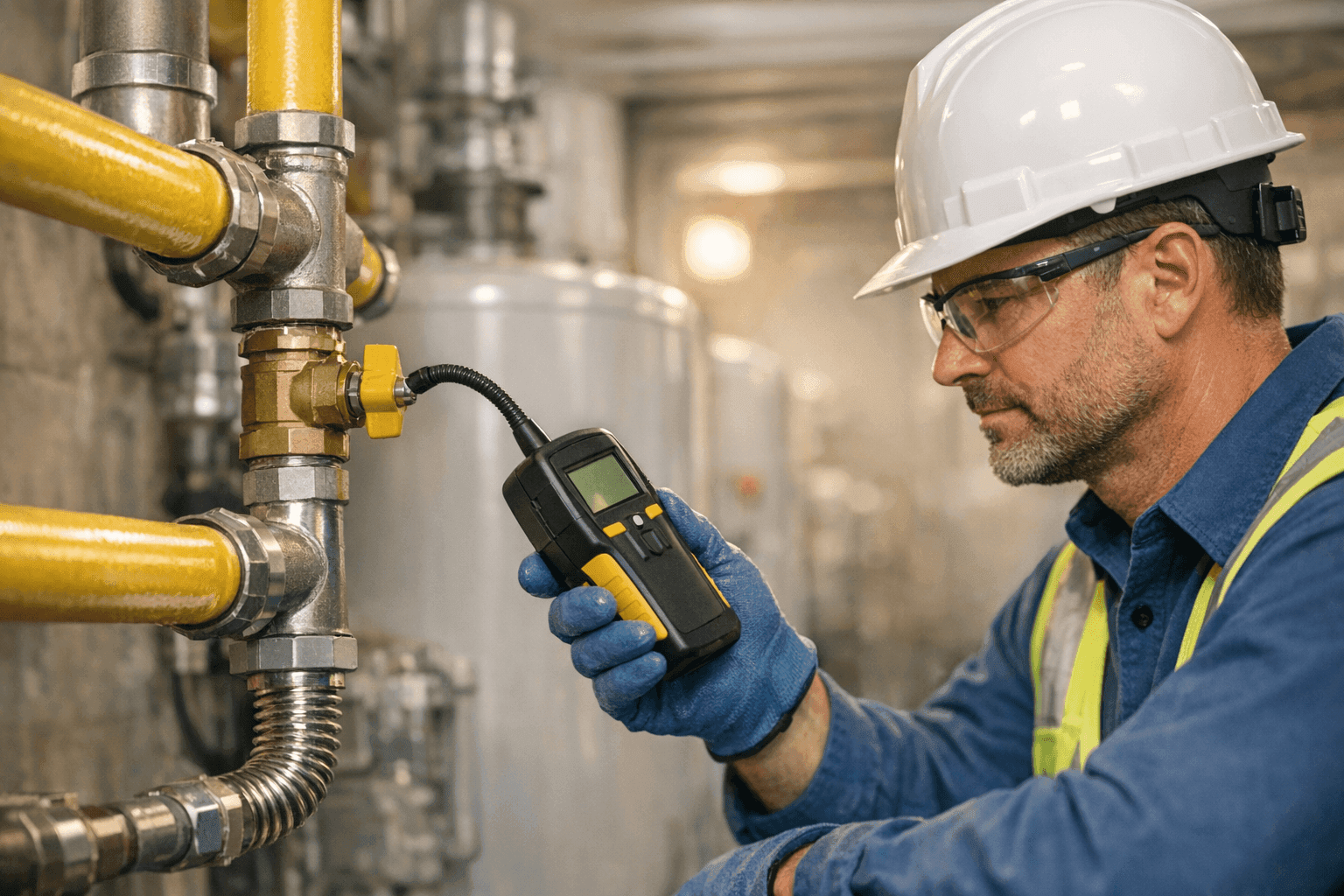 Plumber testing a newly installed gas line with a detection tool
