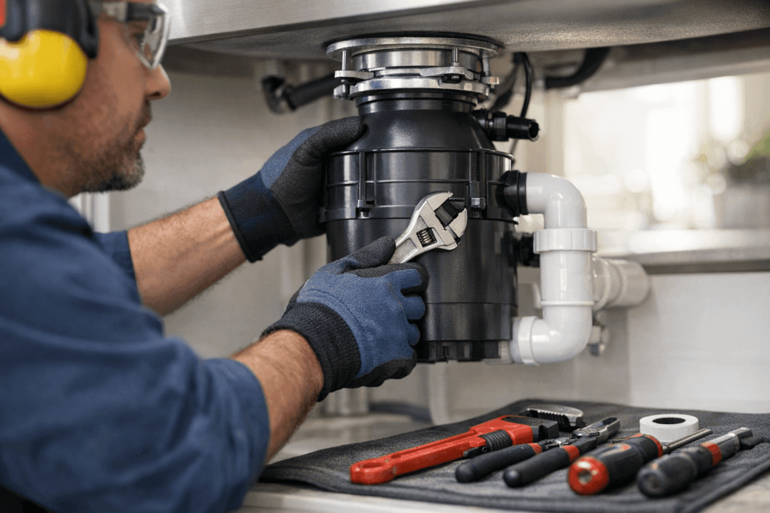 Plumber safely repairing a garbage disposal unit under a kitchen sink