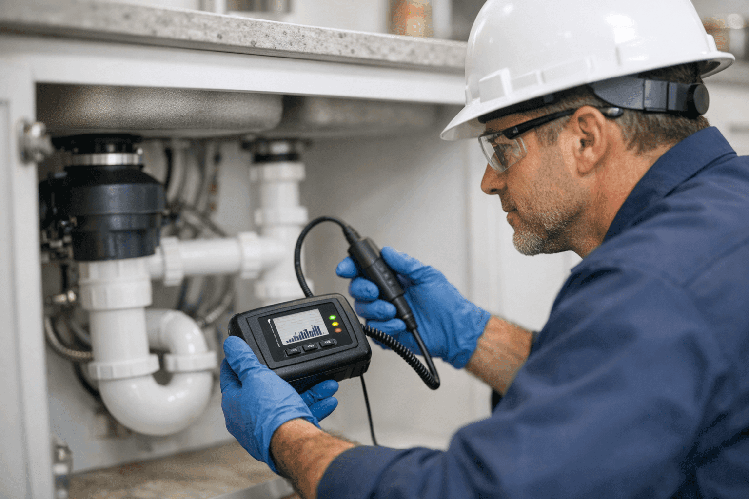 Plumber using electronic leak detection equipment under a kitchen sink