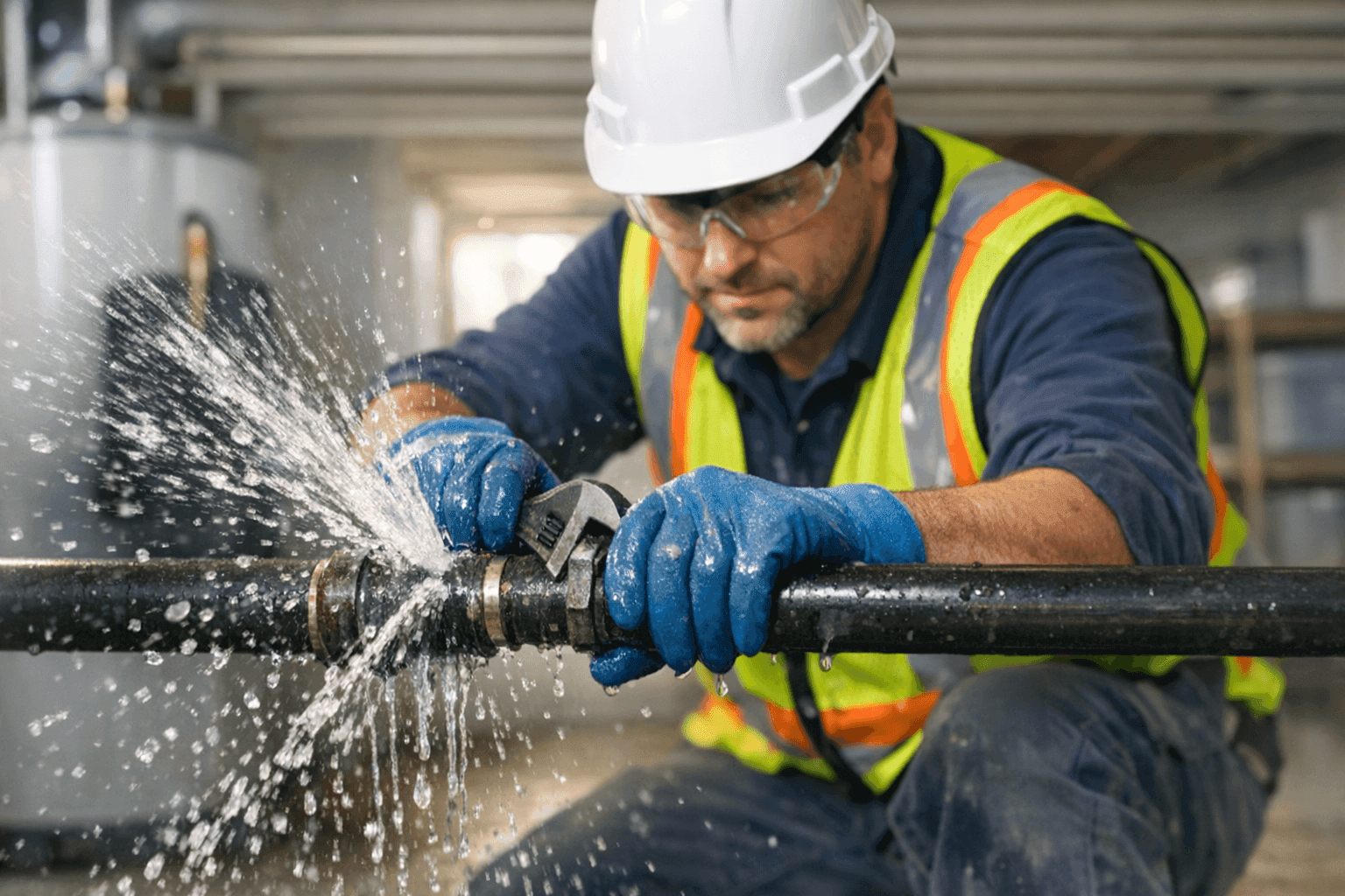 Plumber repairing a burst pipe with water spraying in a basement