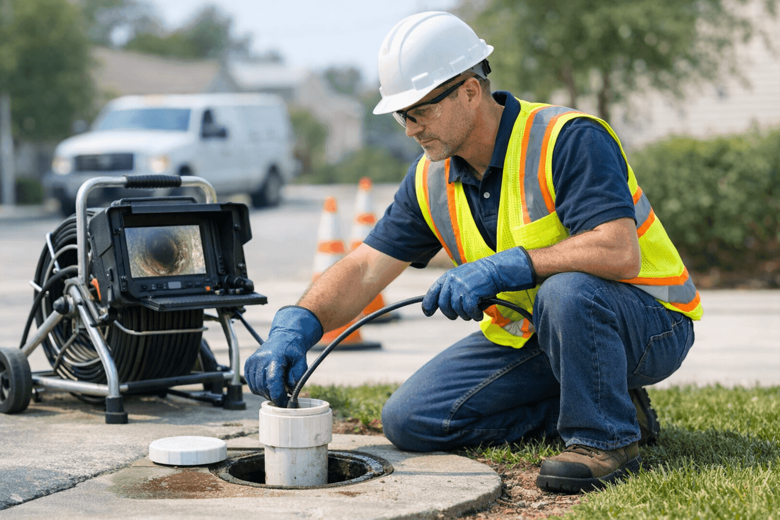 Plumber using a sewer camera to inspect underground pipes