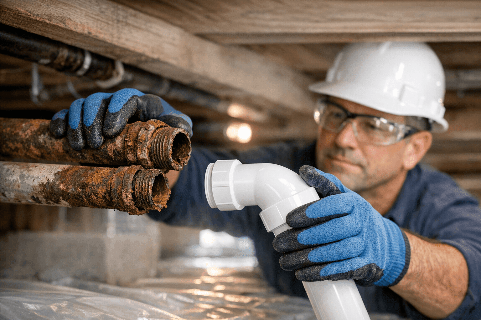 Plumber replacing old pipes with new materials in a home's crawl space