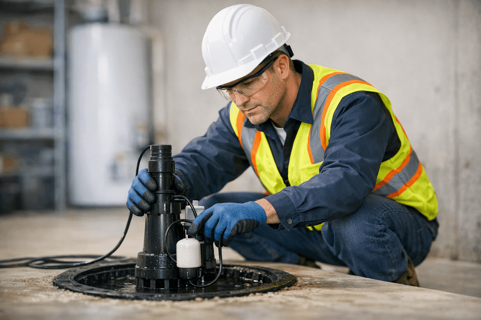 Plumber testing a sump pump in a dry, clean basement