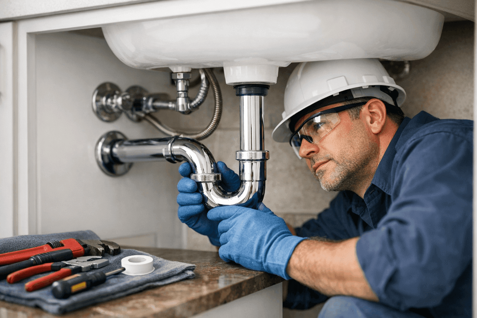 Plumber performing routine plumbing maintenance under a bathroom sink