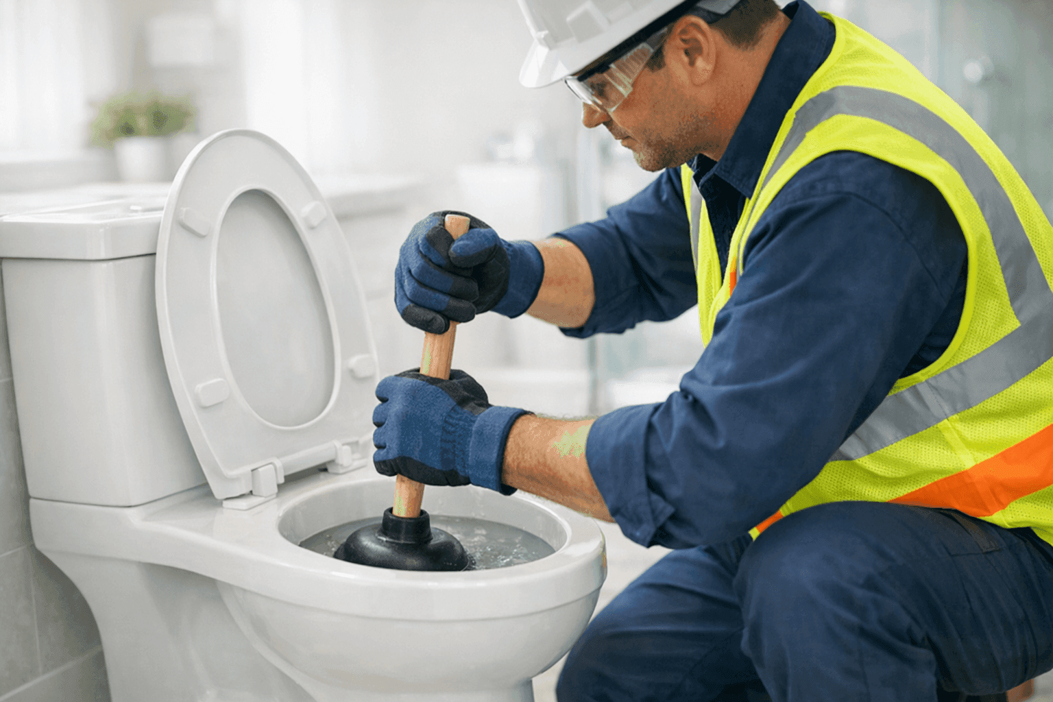 Plumber using a plunger to unclog a modern toilet