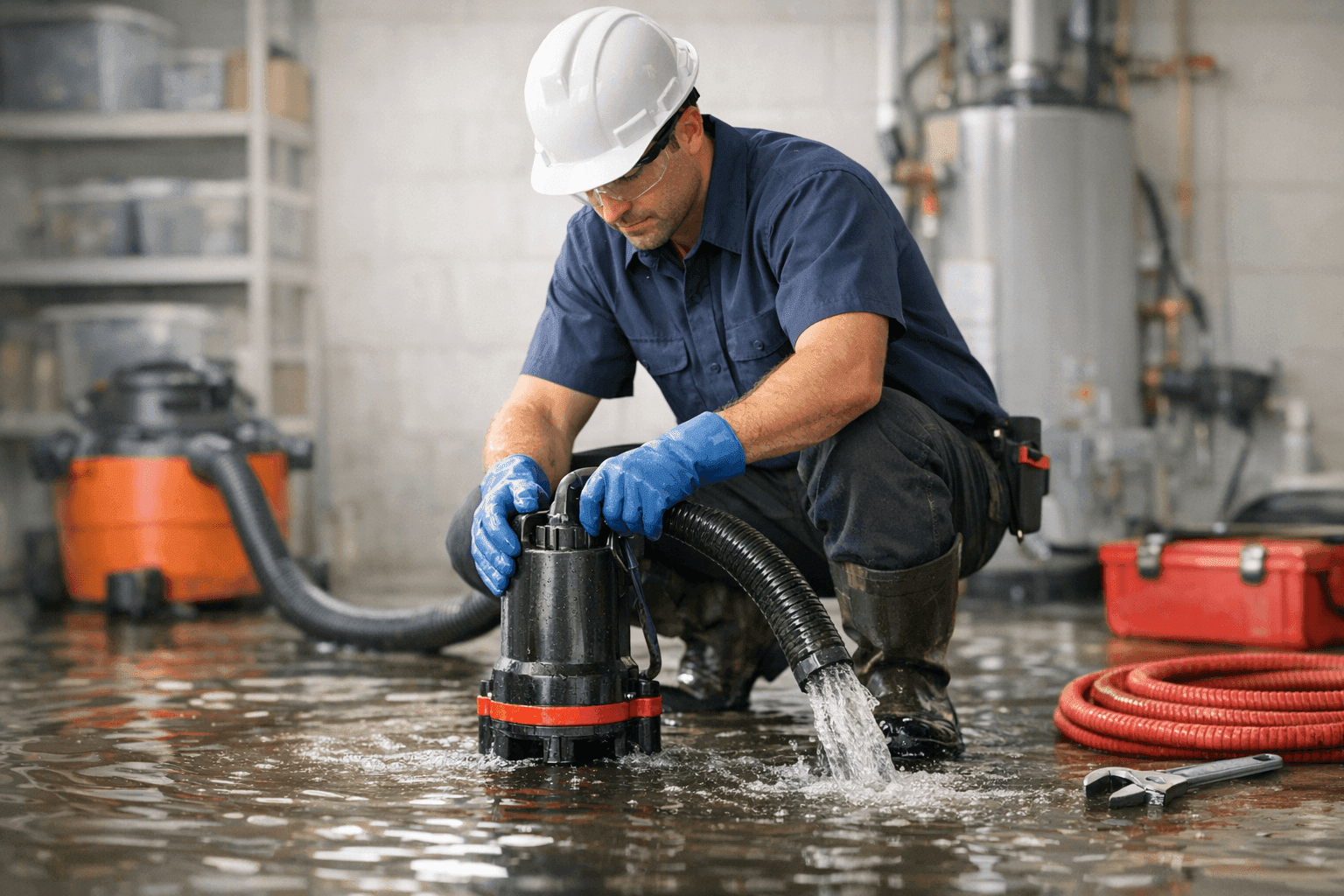 Plumber responding to a flooded basement emergency