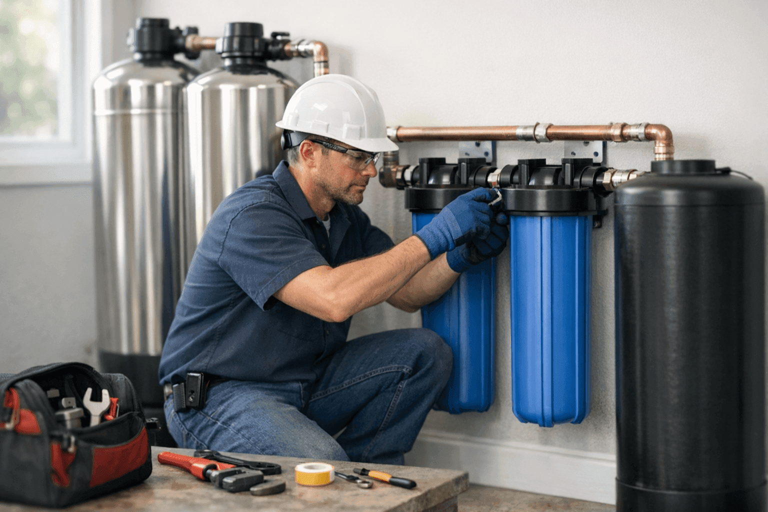 Plumber installing a whole-house water filtration system