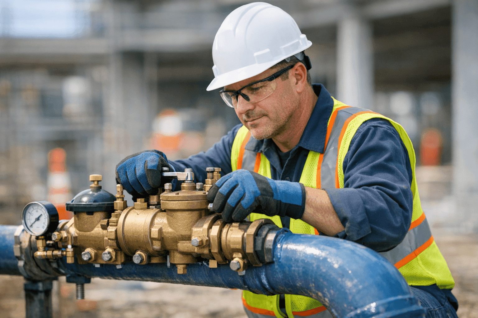 Plumber installing a backflow prevention device on a water line