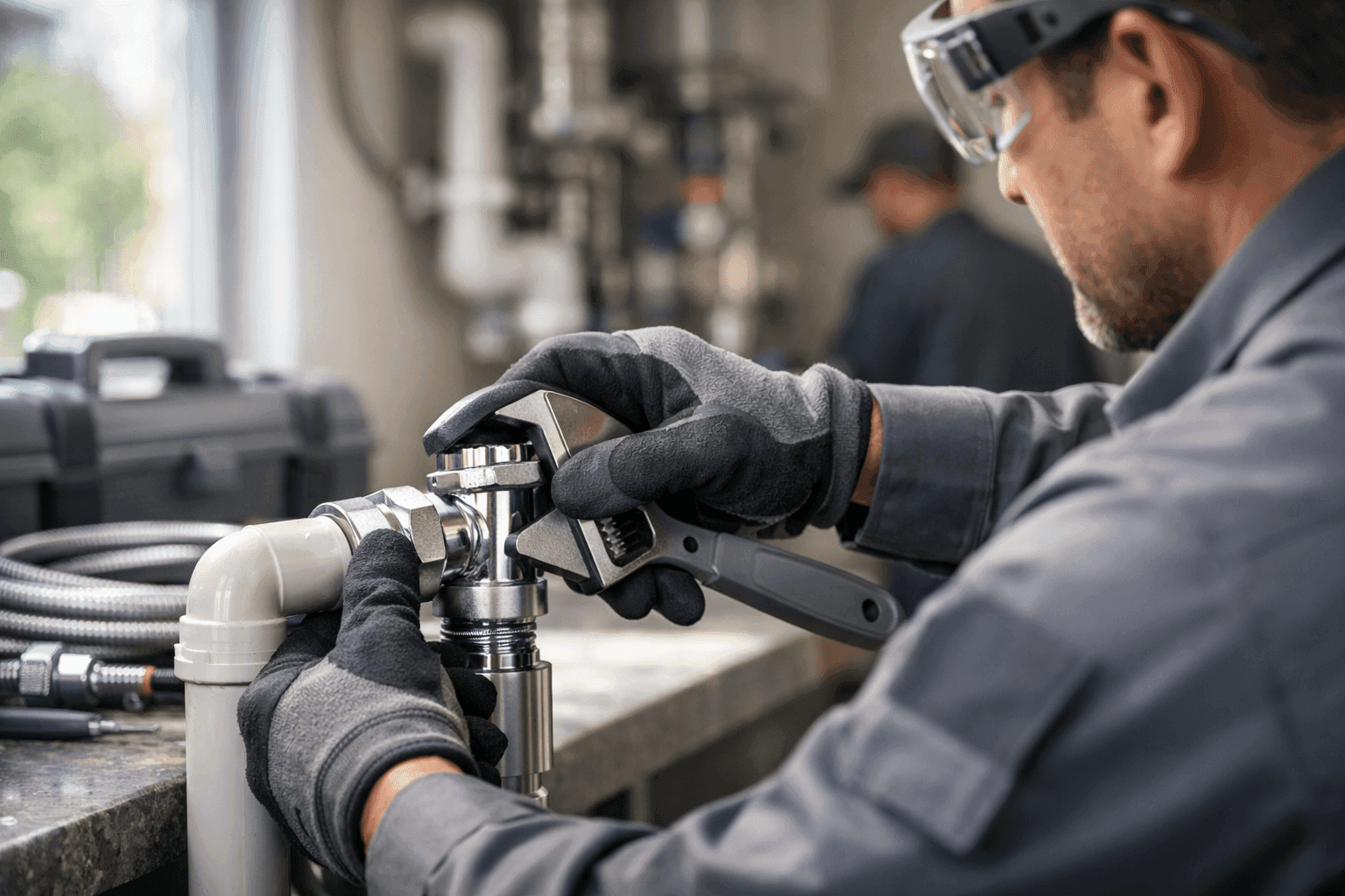 Plumber wearing gloves and safety goggles tightening pipe fitting at clean plumbing job site