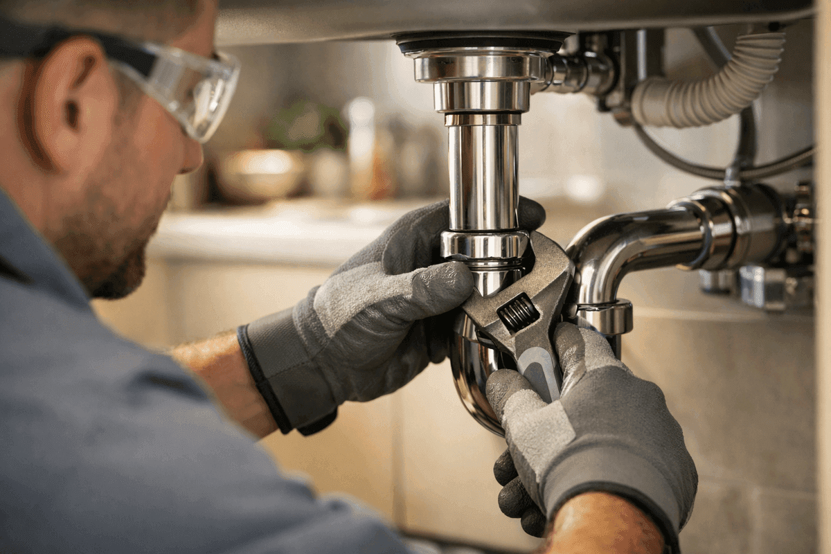 Close-up of plumber's gloved hands tightening pipe fitting under modern kitchen sink